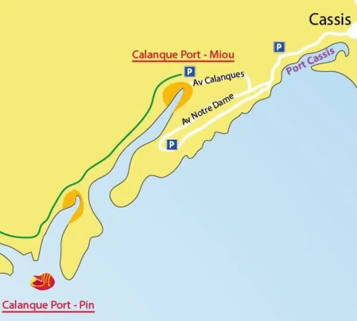 Carte du littoral entre Cassis, la calanque de Port-Miou et la calanque de Port-Pin, avec les accès et les parkings.
