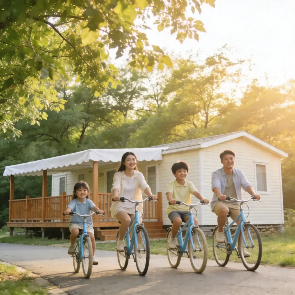 Une famille fait du vélo devant un mobil-home dans un camping arboré.