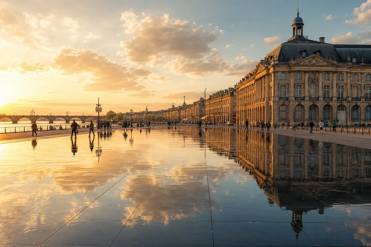 Place de la Bourse et Miroir d’eau introduisent une escapade à Bordeaux centrée sur les lieux emblématiques à découvrir à pied.