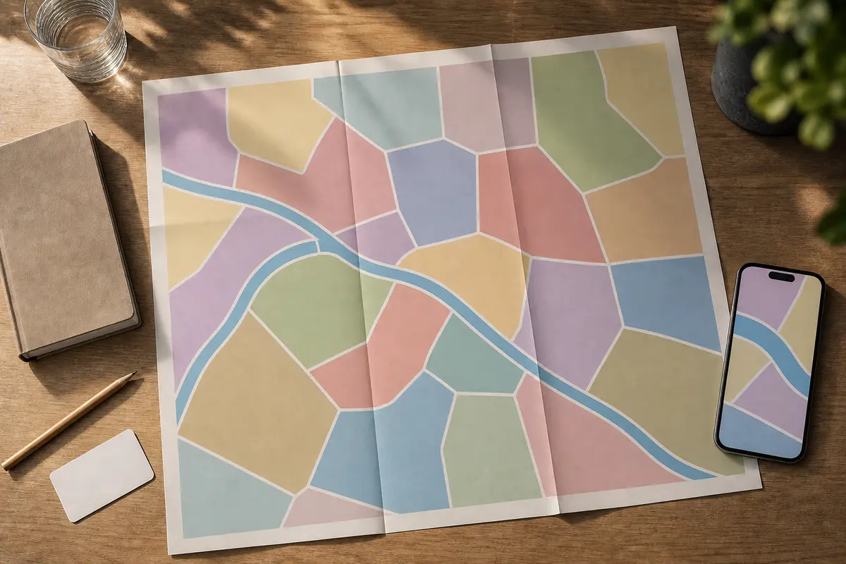 Un plan de Paris consulté avant une visite, pour se repérer dans la capitale ; le visuel n’est pas le fichier Info-Paris.