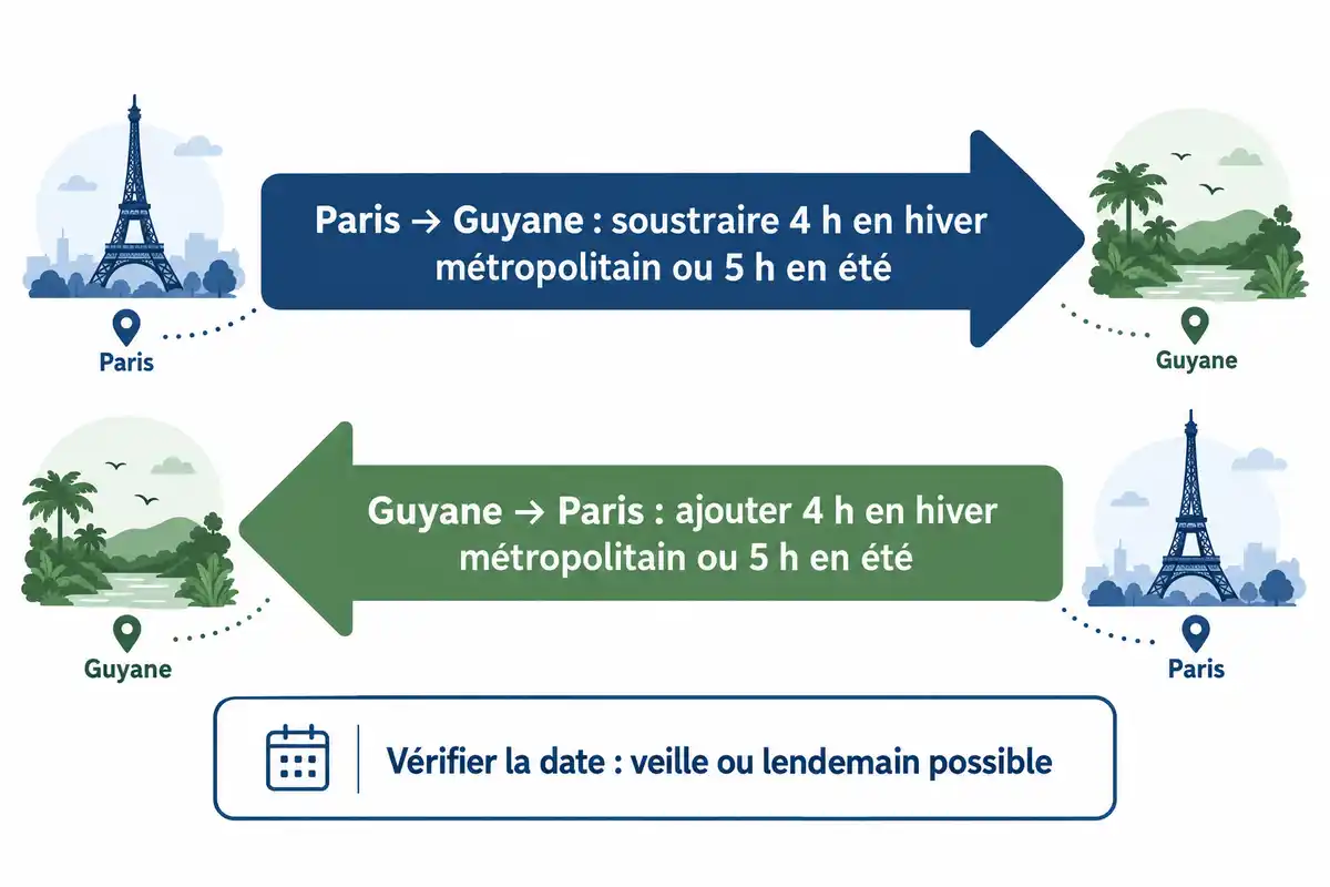 De Paris vers la Guyane, on retranche l’écart ; dans l’autre sens, on l’ajoute, en vérifiant si le calcul change la date.