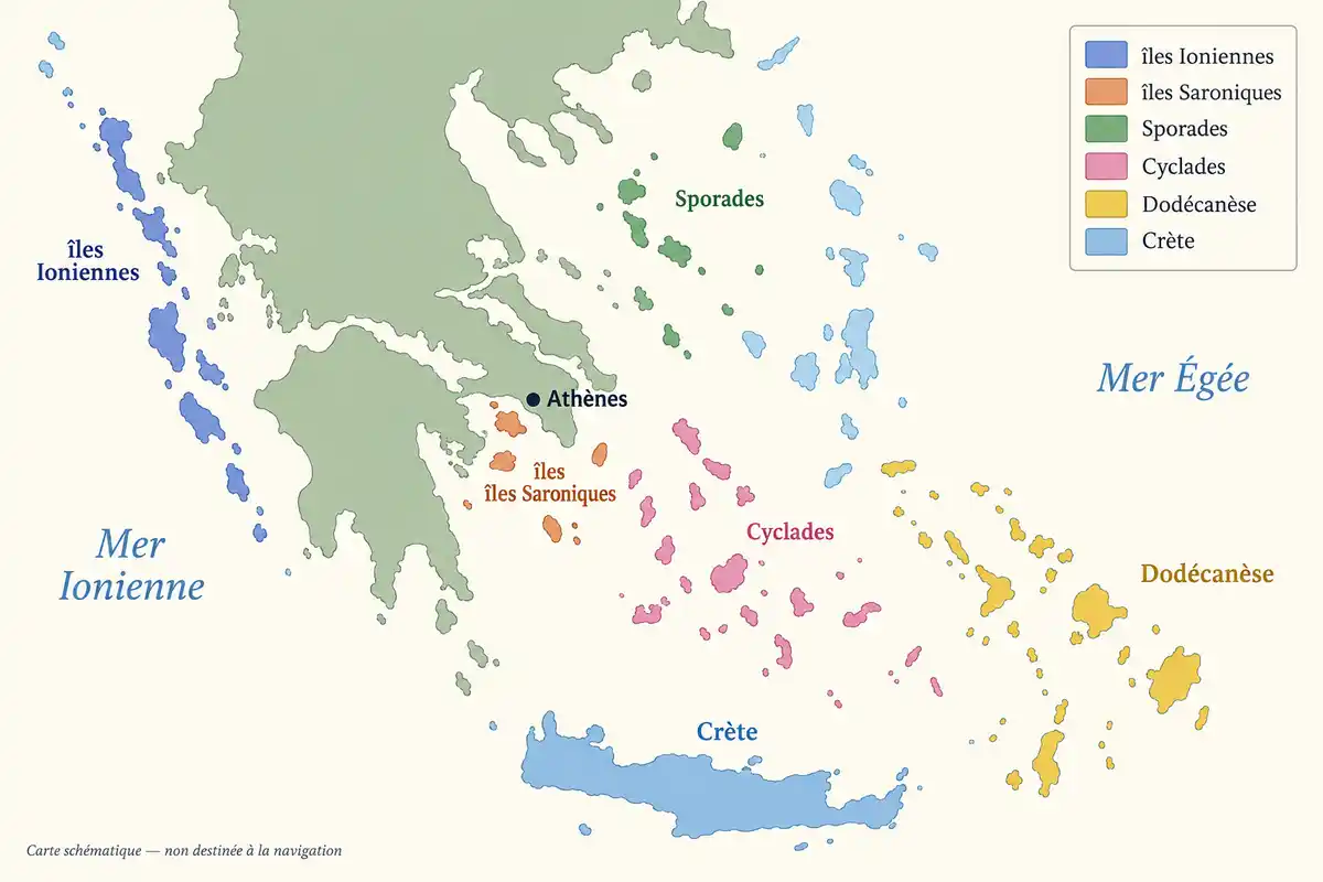 Les îles Ioniennes, Saroniques, Sporades, Cyclades, Dodécanèse et Crète se répartissent entre mer Ionienne et mer Égée.