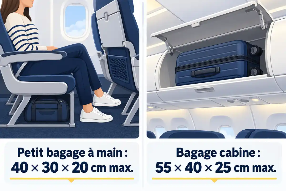 Le petit bagage se place sous le siège et mesure au plus 40 × 30 × 20 cm ; le grand va en compartiment supérieur, jusqu’à 55 × 40 × 25 cm.