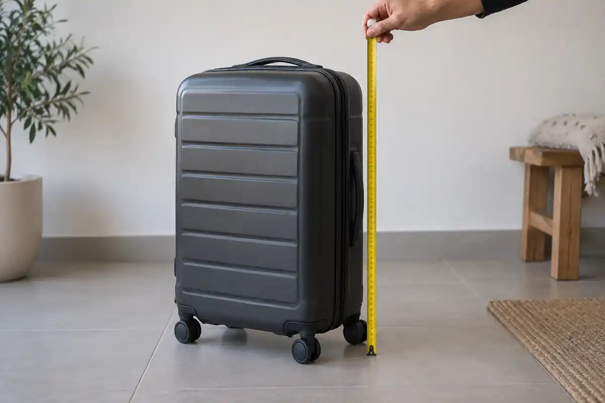 Mesurez la valise du sol au sommet, en comptant roues et poignée fixe, pour vérifier ses dimensions avant de la comparer au format réservé.