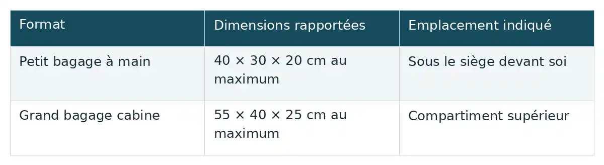 Comparez les dimensions maximales rapportées et l’emplacement prévu : petit bagage sous le siège, grand bagage dans le compartiment supérieur.