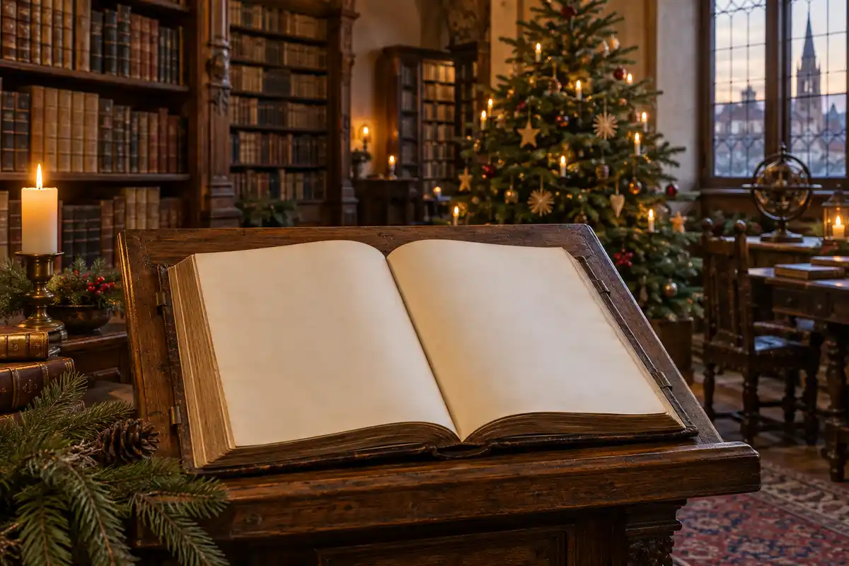 Grand livre ancien ouvert sur un lutrin en bois, devant un sapin de Noël décoré dans une bibliothèque historique éclairée à la bougie.