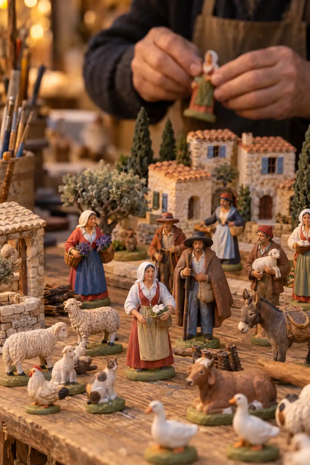 Étal de santons provençaux peints, avec personnages, animaux et petites maisons en argile sur une table en bois, tandis que les mains d’un artisan ajustent une figurine en arrière-plan.