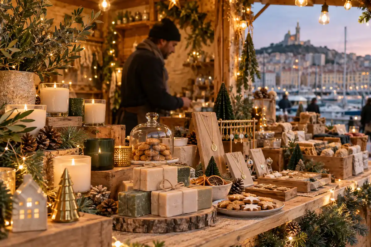 Étal artisanal de Noël illuminé de guirlandes, avec bougies, savons emballés, bijoux, biscuits et décorations en bois, face à un port urbain.