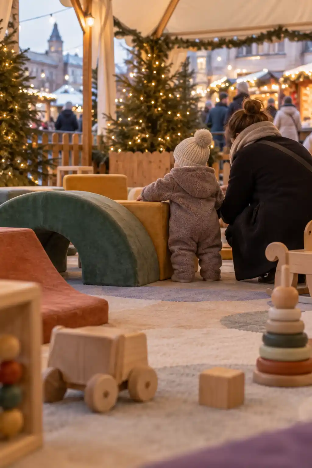 Un jeune enfant en combinaison tient la main d’un adulte dans un espace de jeux couvert, décoré de sapins illuminés au sein d’un marché d’hiver.