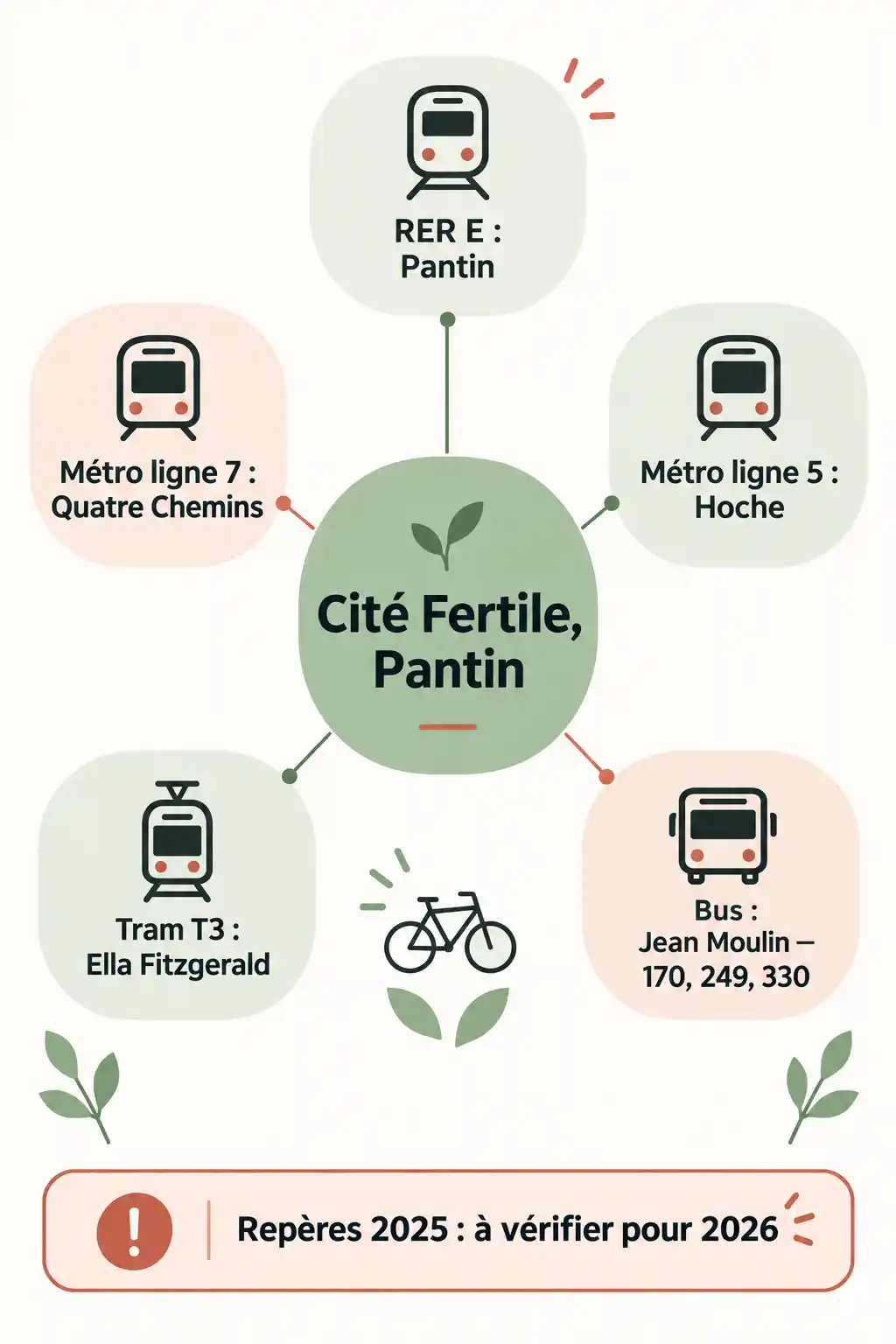 Infographie en français présentant les accès à la Cité Fertile à Pantin : RER E, métros 7 et 5, tram T3 et lignes de bus, avec une note invitant à vérifier les repères pour 2026.