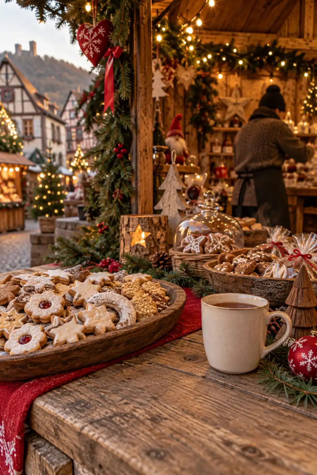 Stand de marché de Noël décoré de guirlandes lumineuses, avec biscuits de Noël sur une table en bois, une tasse fumante et un artisan à l’arrière-plan.