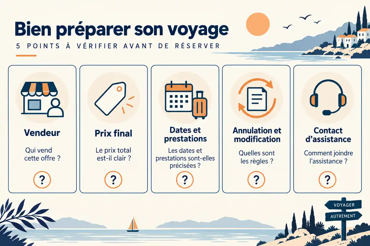 Avant paiement, contrôler le vendeur, le prix final, les dates et prestations, les conditions de modification et le contact d’assistance.