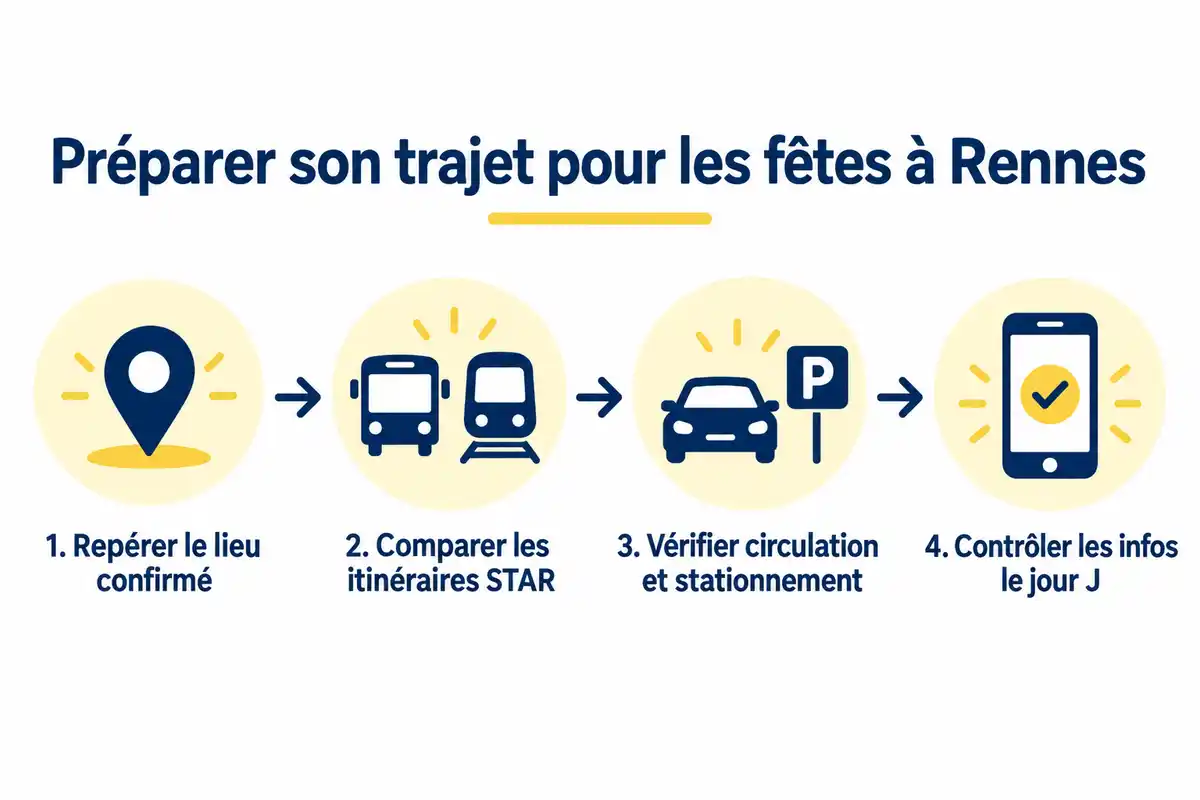 Infographie horizontale minimaliste en français présentant quatre étapes pour préparer son trajet pour les fêtes à Rennes, avec pictogrammes de localisation, transports, voiture et smartphone.