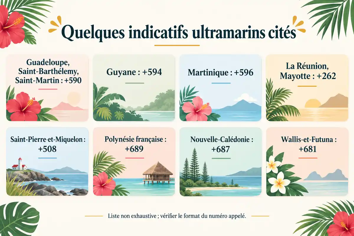 Repères d’indicatifs cités pour huit territoires ultramarins ; la liste est non exhaustive et le format du numéro appelé reste à vérifier.