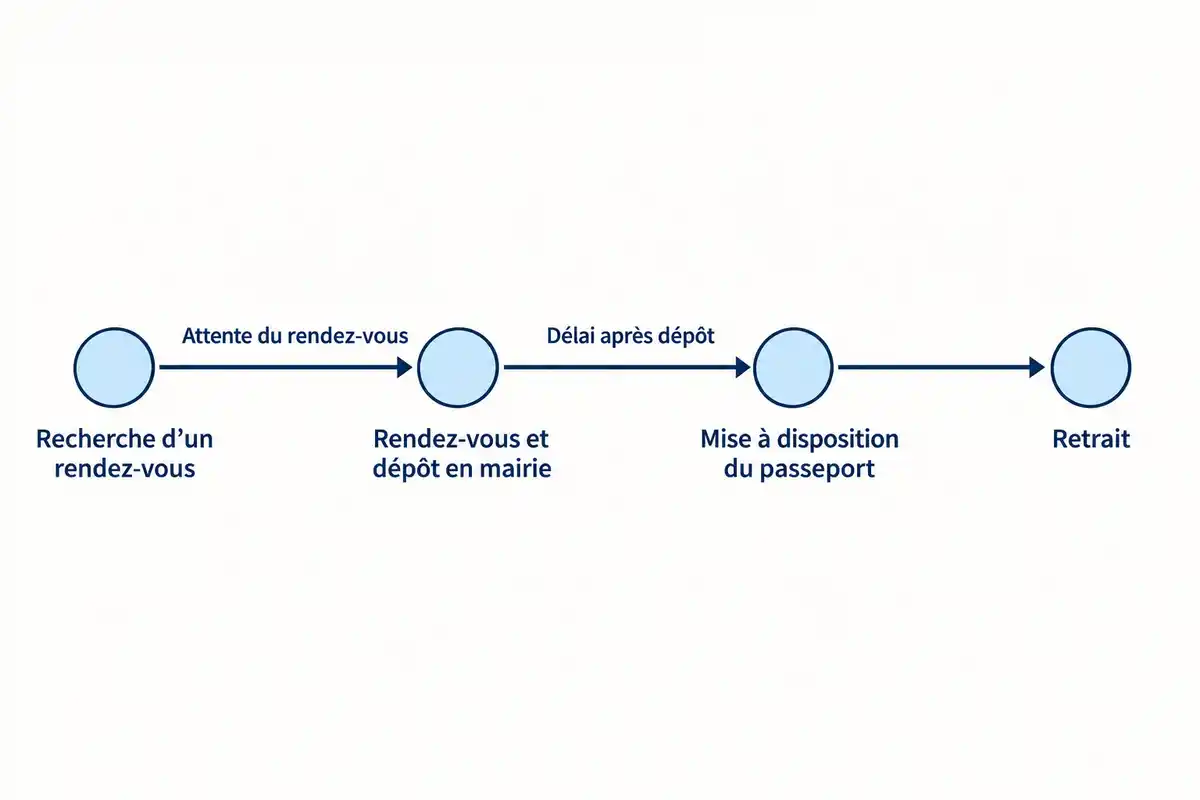 Le délai total du passeport comprend l’attente d’un rendez-vous en mairie, puis celle de la mise à disposition après le dépôt.