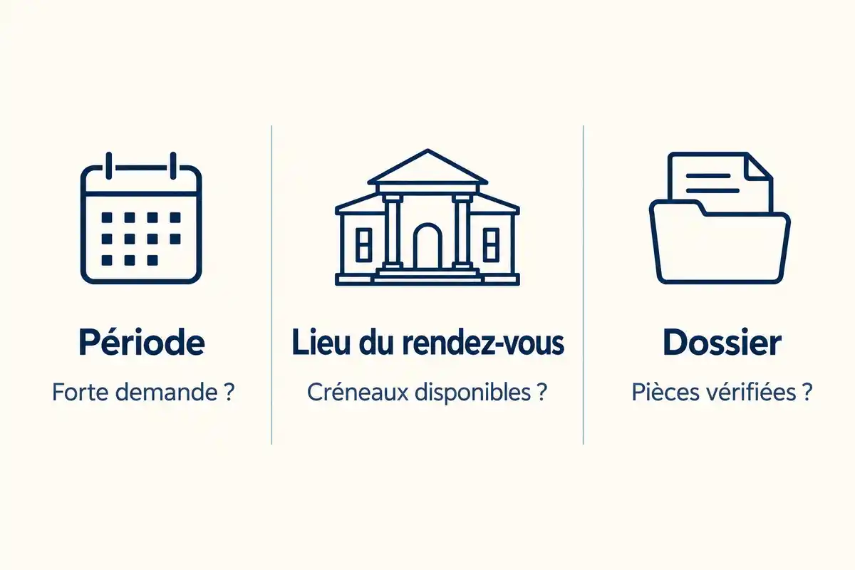 La période, les créneaux disponibles dans les lieux accessibles et la complétude du dossier sont à examiner pour prévoir une marge.
