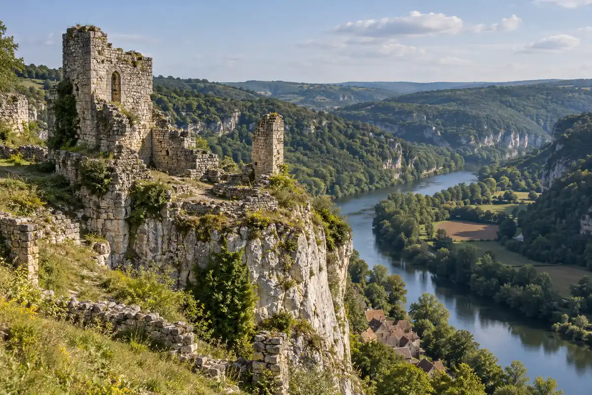 Au sommet du rocher Lapopie, les vestiges du château dominent la vallée du Lot ; ils se distinguent du belvédère en contrebas.