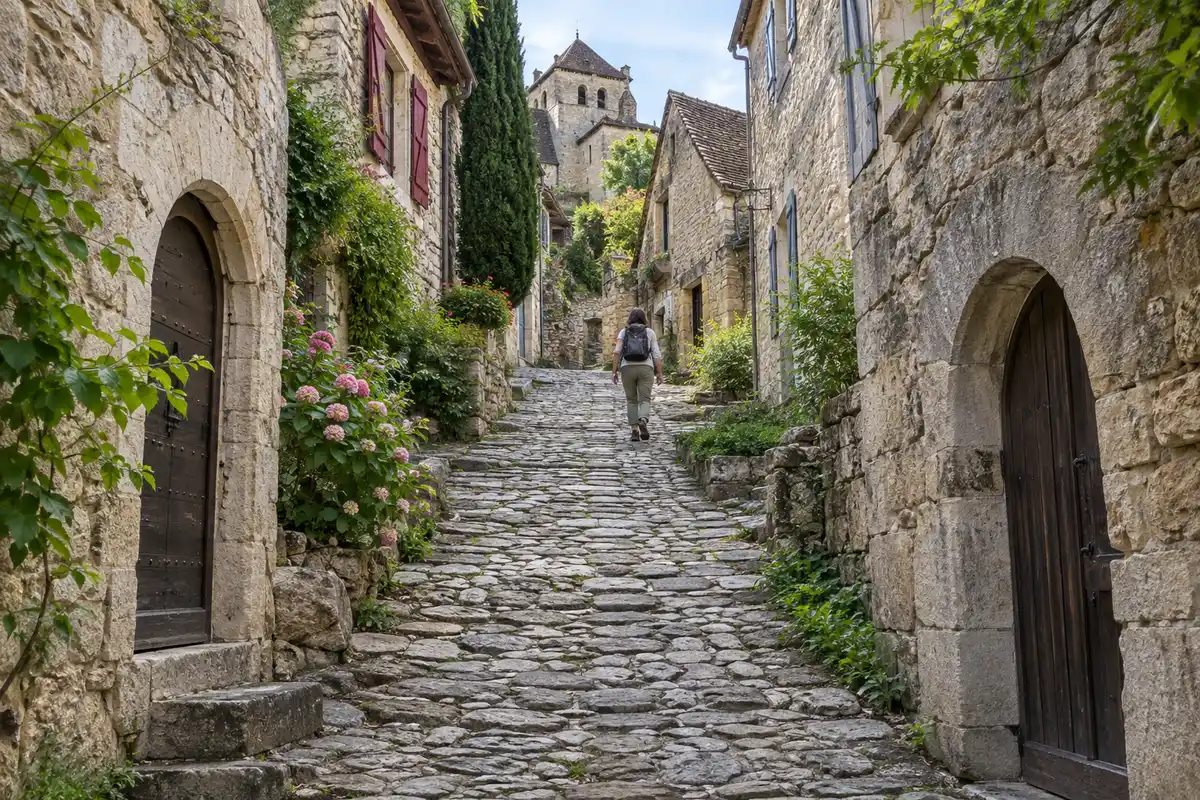 Une ruelle pavée en pente impose une marche soutenue ; prévoir des chaussures confortables, de l’eau et des pauses pendant la visite.
