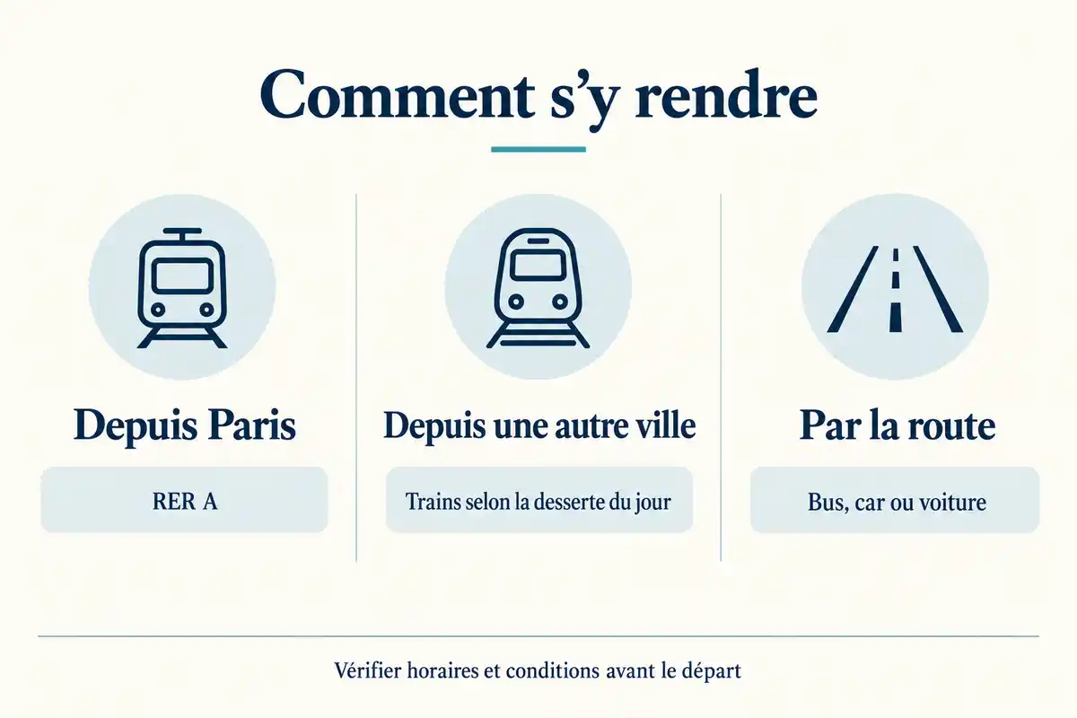 Le mode d’arrivée dépend du départ : RER A depuis Paris, trains selon les dessertes depuis d’autres villes, ou route en bus, car ou voiture.