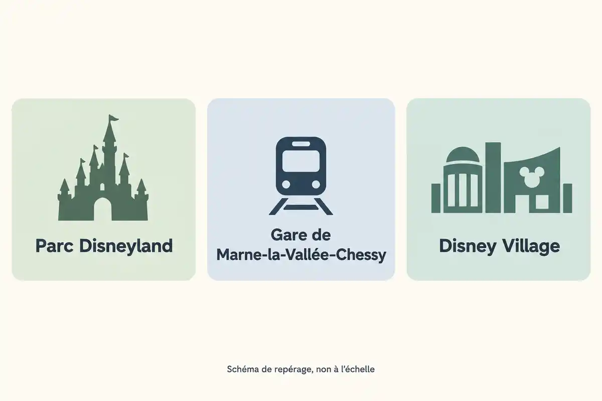 La gare de Marne-la-Vallée–Chessy se situe entre le Parc Disneyland et Disney Village, sans indiquer d’itinéraire ni de distances.