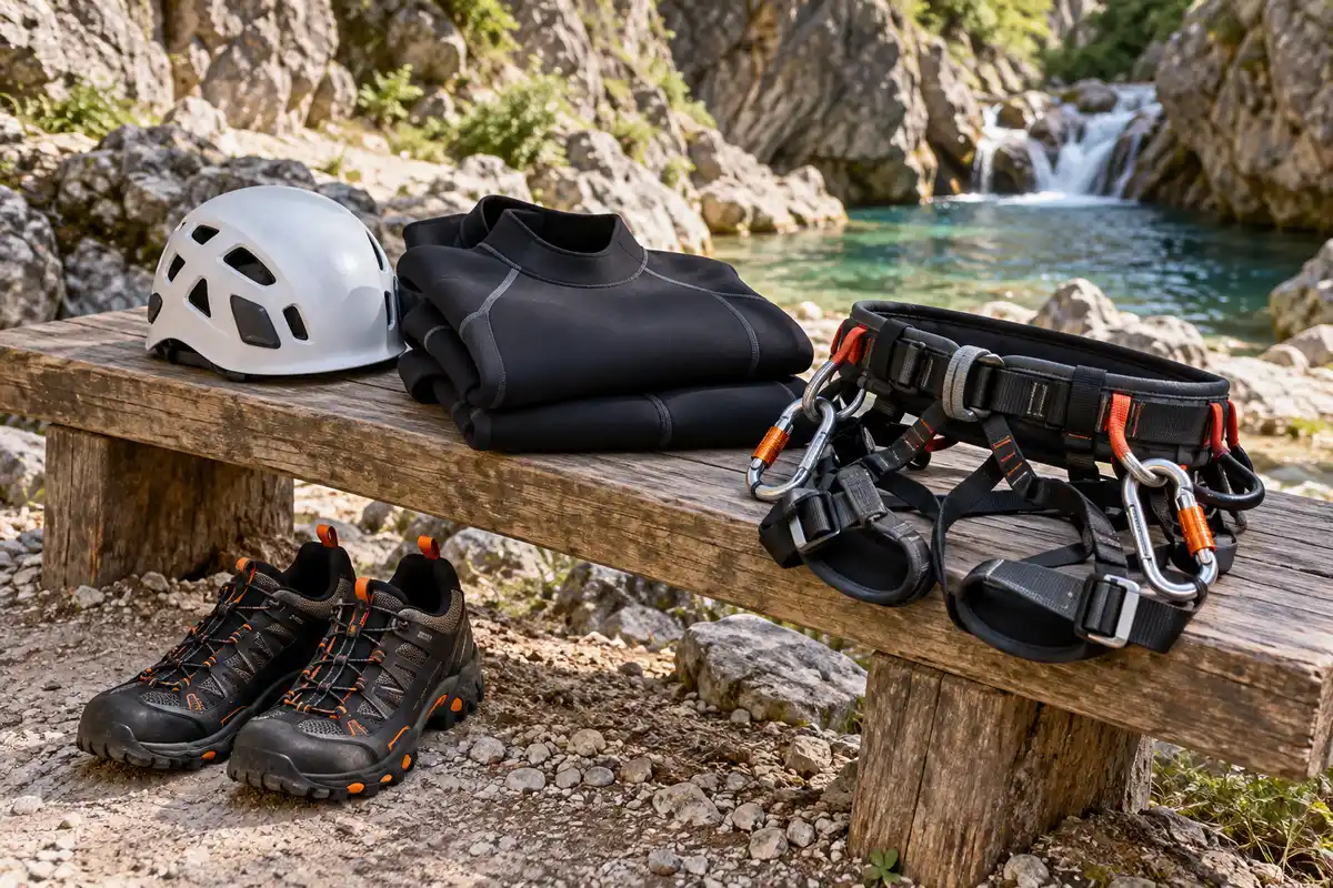 Combinaison néoprène, casque, baudrier et chaussures fermées sont des éléments d’équipement à vérifier auprès de l’organisateur.
