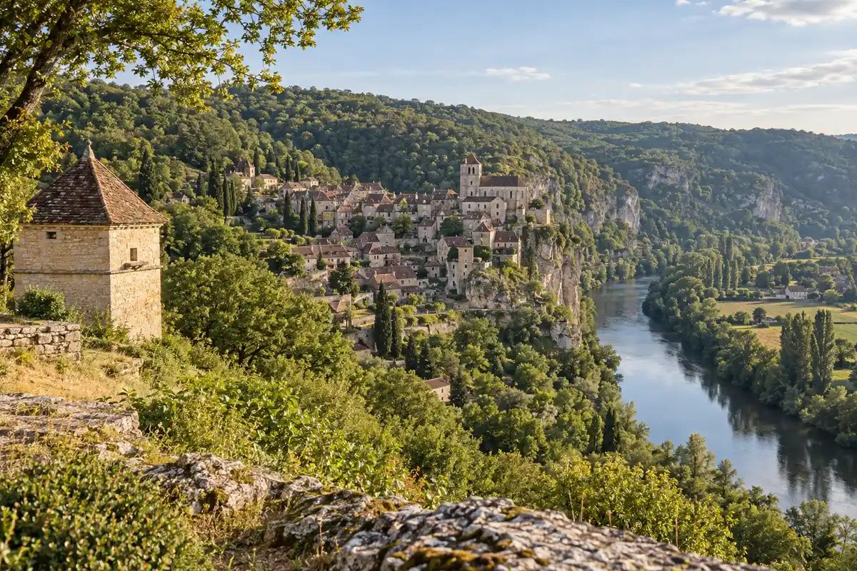 Depuis Bancourel, le pigeonnier repère un panorama réunissant le village perché et la vallée du Lot, différent de la vue du rocher.