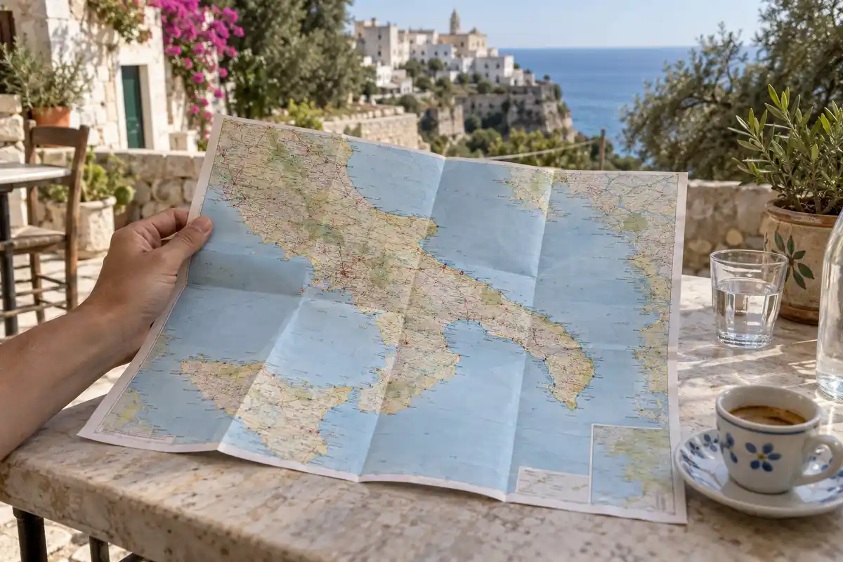 Situer les Pouilles dans le sud-est de l’Italie et préparer un séjour entre villes, villages et plages, sans présumer d’un itinéraire.