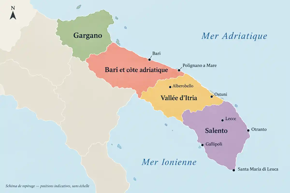 Du nord au sud, le Gargano précède Bari et la côte adriatique, la vallée d’Itria puis le Salento, selon un repérage touristique indicatif.