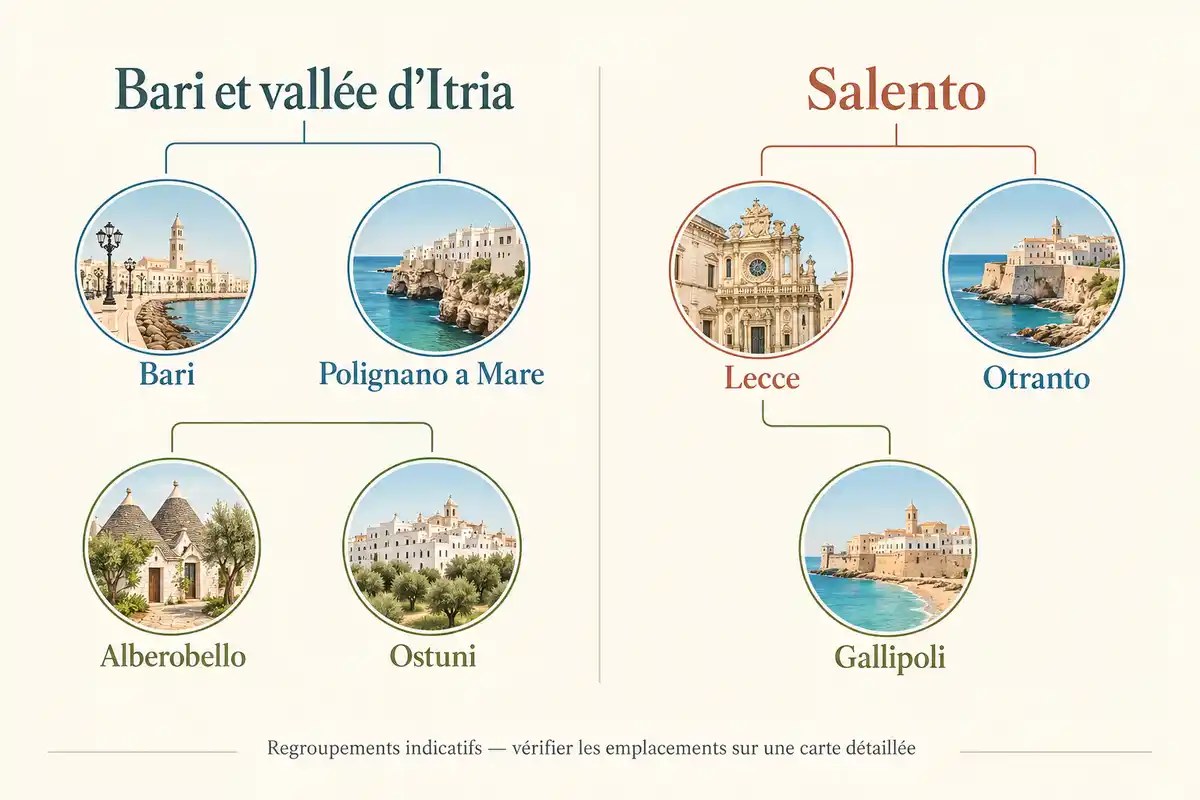 Regrouper les visites entre Bari et la vallée d’Itria, puis dans le Salento, en vérifiant la position exacte des plages sur une carte détaillée.