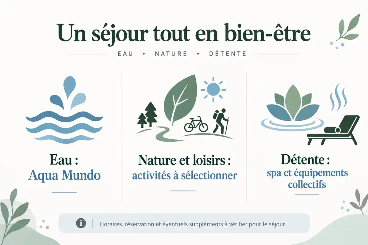 Activités aux Trois Forêts : Aqua Mundo, loisirs de nature et détente, à vérifier selon les horaires, réservations et suppléments.