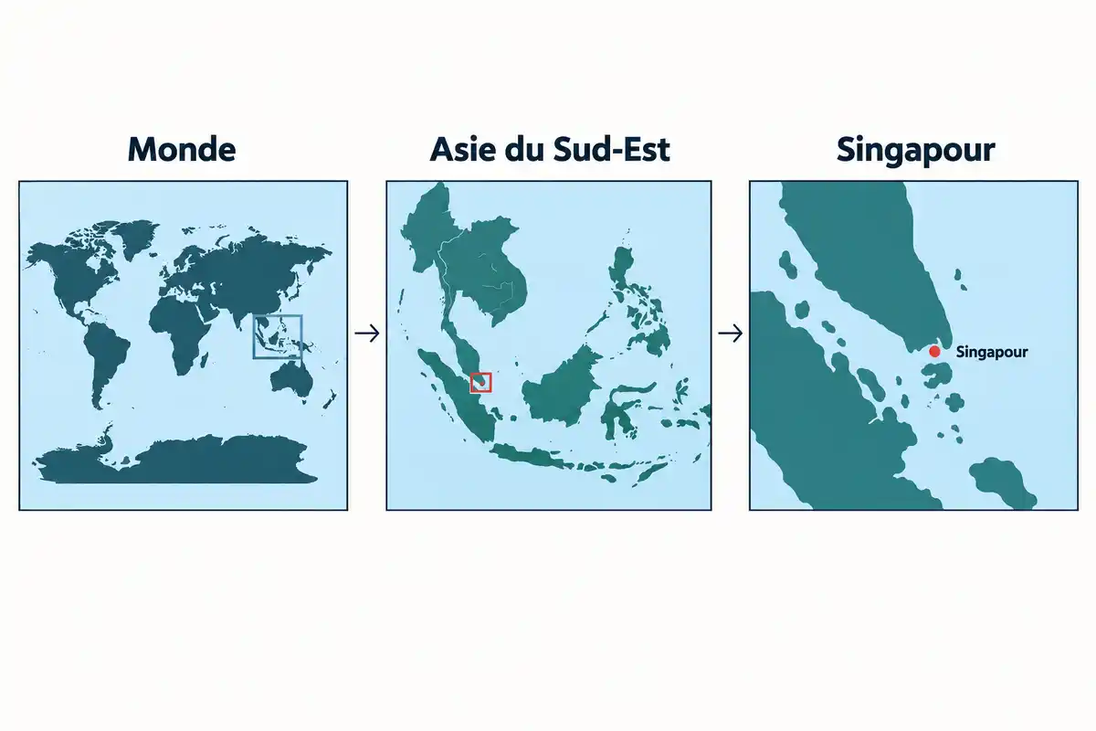 Le repérage de Singapour progresse du monde à l’Asie du Sud-Est, puis au pays, avant de choisir une carte à la bonne échelle.
