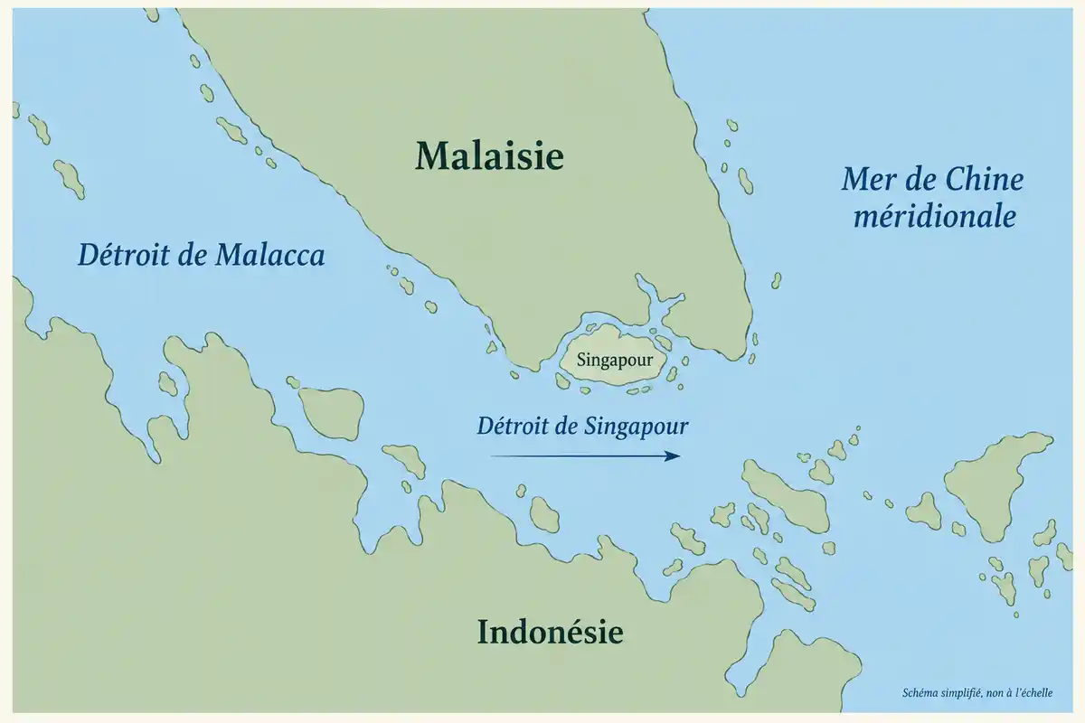 La position de Singapour à la pointe de la péninsule malaise se comprend grâce aux repères régionaux et aux passages maritimes proches.
