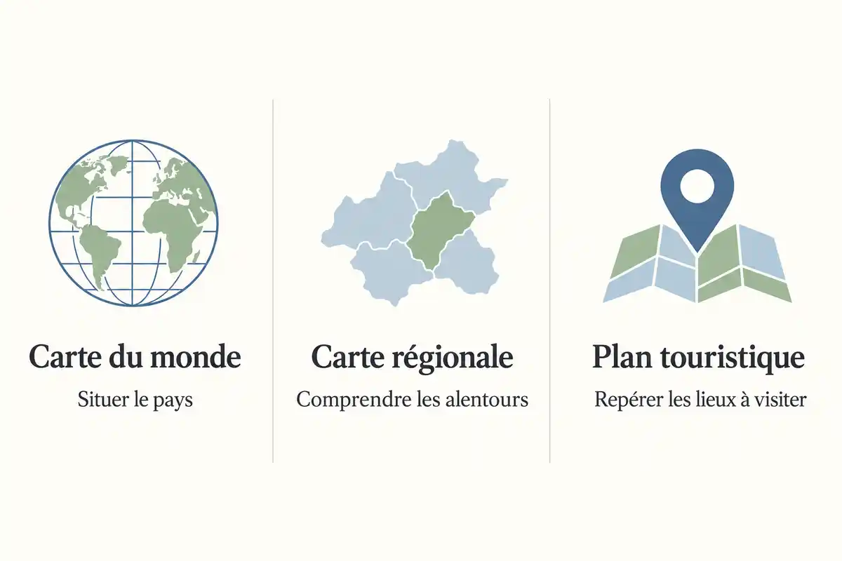 Le choix du support dépend du besoin : situer Singapour, comprendre ses alentours ou repérer des lieux à explorer.