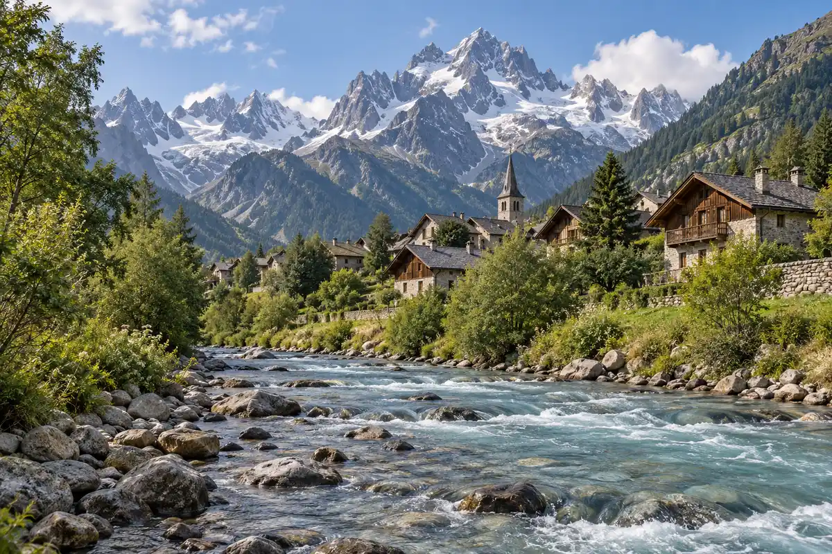 L’Arve traverse la vallée au pied du bourg et donne un repère d’échelle pour lire le relief, sans localiser précisément la prise de vue.