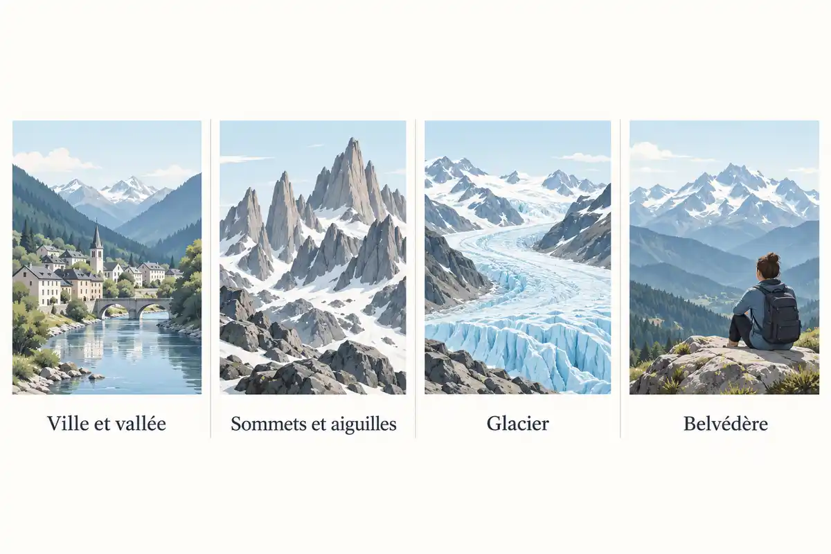 Ville et vallée, sommets, glacier et belvédère distinguent quatre sujets de paysage ; le Montenvers et la Mer de Glace relèvent du site glaciaire.