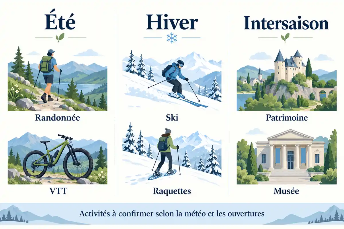 Randonnée et VTT sont des idées d’été, ski et raquettes d’hiver, patrimoine et musées d’intersaison ; météo et ouvertures restent à vérifier.