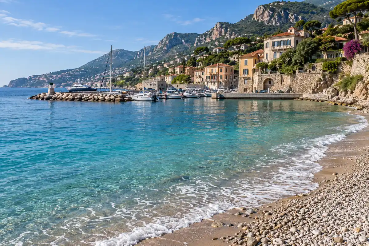 À Marquet, la plage se trouve près d’un port, ce qui la distingue des criques plus isolées du littoral de Cap-d’Ail.