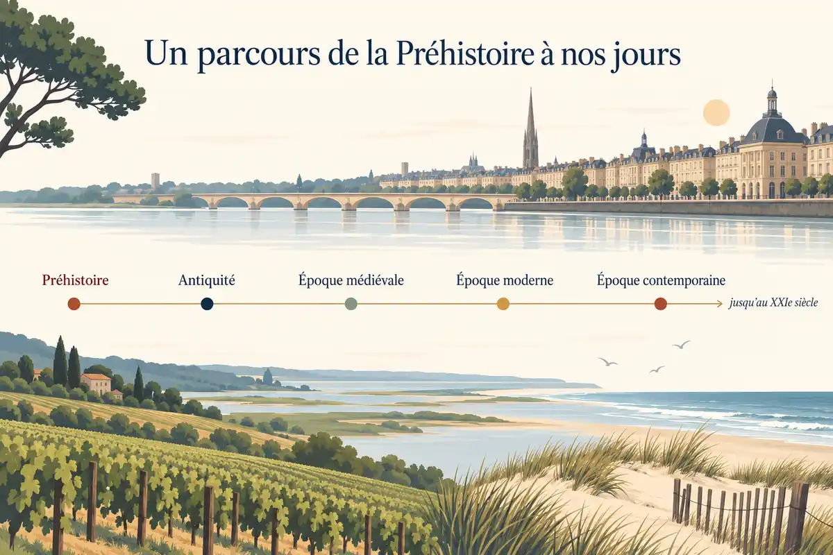 Le parcours situe Bordeaux et l’Aquitaine dans une chronologie allant de la Préhistoire à l’époque contemporaine, avec l’Antiquité comme étape.